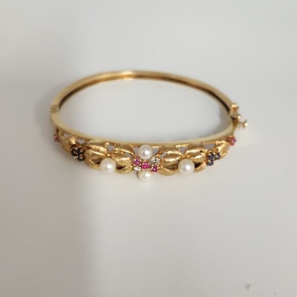 Antique 14k Yellow Gold Diamond,Pearls,Ruby &Sapphire Bangle Bracelets - Picture 7 of 16